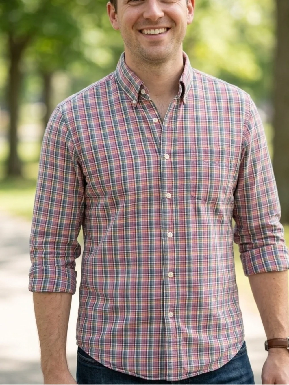 J. Crew Men's Plaid Button-Down Shirt‎ in Red, Blue, Cream